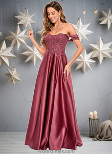 Victoria A-line Off the Shoulder Floor-Length Satin Lace Prom Dresses With Sequins XXBP0025841