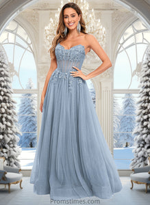 Trudie Ball-Gown/Princess V-Neck Floor-Length Tulle Prom Dresses With Sequins Appliques Lace XXBP0025837