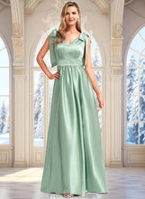 Load image into Gallery viewer, Jessica A-line V-Neck Floor-Length Stretch Satin Bridesmaid Dress With Bow XXBP0025737