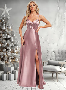 Talia A-line V-Neck Floor-Length Stretch Satin Bridesmaid Dress XXBP0025822