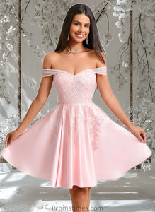 Emelia A-line Off the Shoulder Short Satin Homecoming Dress With Rhinestone Beading Appliques Lace XXBP0025679