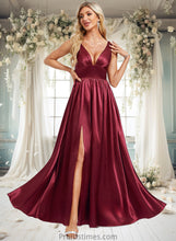 Load image into Gallery viewer, Selah A-line V-Neck Floor-Length Stretch Satin Bridesmaid Dress XXBP0025771