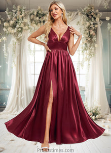 Selah A-line V-Neck Floor-Length Stretch Satin Bridesmaid Dress XXBP0025771