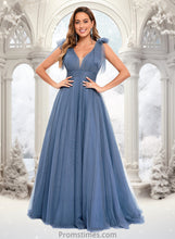 Load image into Gallery viewer, Tania A-line V-Neck Sweep Train Tulle Prom Dresses With Bow XXBP0025854