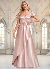 Load image into Gallery viewer, Cassidy A-line V-Neck Floor-Length Stretch Satin Bridesmaid Dress With Ruffle XXBP0025787