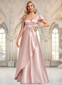 Cassidy A-line V-Neck Floor-Length Stretch Satin Bridesmaid Dress With Ruffle XXBP0025787