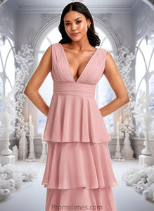 Evie A-line V-Neck Floor-Length Chiffon Bridesmaid Dress XXBP0025749