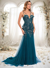 Load image into Gallery viewer, Quintina Trumpet/Mermaid V-Neck Sweep Train Tulle Prom Dresses With Sequins Appliques Lace XXBP0025853