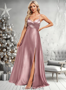 Talia A-line V-Neck Floor-Length Stretch Satin Bridesmaid Dress XXBP0025822