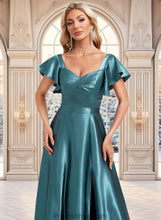 Load image into Gallery viewer, Fiona A-line V-Neck Floor-Length Stretch Satin Bridesmaid Dress With Ruffle XXBP0025780