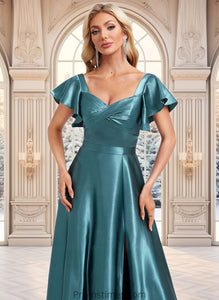 Fiona A-line V-Neck Floor-Length Stretch Satin Bridesmaid Dress With Ruffle XXBP0025780