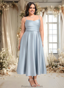 Gwendoline A-line V-Neck Tea-Length Satin Bridesmaid Dress XXBP0025794