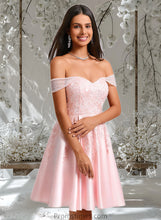 Load image into Gallery viewer, Emelia A-line Off the Shoulder Short Satin Homecoming Dress With Rhinestone Beading Appliques Lace XXBP0025679