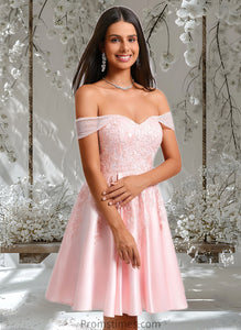 Emelia A-line Off the Shoulder Short Satin Homecoming Dress With Rhinestone Beading Appliques Lace XXBP0025679