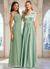 Load image into Gallery viewer, Jessica A-line V-Neck Floor-Length Stretch Satin Bridesmaid Dress With Bow XXBP0025737