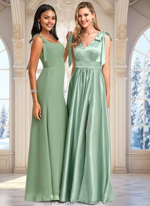 Jessica A-line V-Neck Floor-Length Stretch Satin Bridesmaid Dress With Bow XXBP0025737