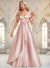 Load image into Gallery viewer, Cassidy A-line V-Neck Floor-Length Stretch Satin Bridesmaid Dress With Ruffle XXBP0025787