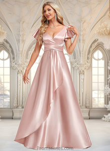 Cassidy A-line V-Neck Floor-Length Stretch Satin Bridesmaid Dress With Ruffle XXBP0025787