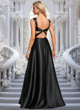 Load image into Gallery viewer, Jaida A-line V-Neck Floor-Length Stretch Satin Prom Dresses With Bow XXBP0025882