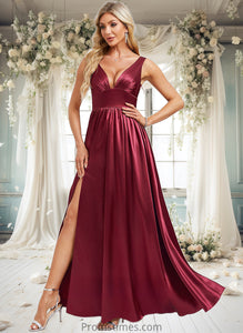 Selah A-line V-Neck Floor-Length Stretch Satin Bridesmaid Dress XXBP0025771