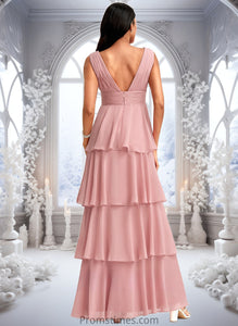 Evie A-line V-Neck Floor-Length Chiffon Bridesmaid Dress XXBP0025749