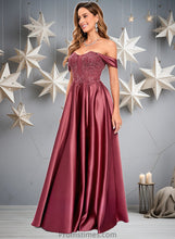 Load image into Gallery viewer, Victoria A-line Off the Shoulder Floor-Length Satin Lace Prom Dresses With Sequins XXBP0025841