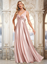 Load image into Gallery viewer, Viv A-line V-Neck Floor-Length Stretch Satin Bridesmaid Dress XXBP0025779