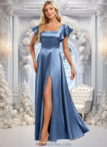 Sherlyn A-line Square Floor-Length Stretch Satin Bridesmaid Dress With Ruffle XXBP0025769