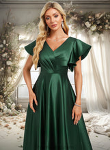 Load image into Gallery viewer, Rebecca A-line V-Neck Floor-Length Satin Bridesmaid Dress With Ruffle XXBP0025777