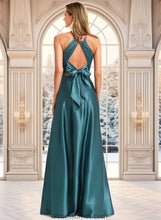 Load image into Gallery viewer, Iris A-line Halter Floor-Length Stretch Satin Bridesmaid Dress XXBP0025731