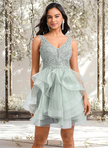 Madison Ball-Gown/Princess V-Neck Short Tulle Lace Homecoming Dress XXBP0025671