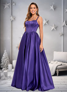 Tamia Ball-Gown/Princess Scoop Floor-Length Satin Prom Dresses With Appliques Lace Beading XXBP0025865