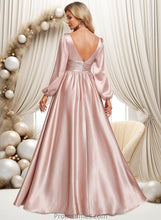 Load image into Gallery viewer, Frederica A-line V-Neck Floor-Length Stretch Satin Prom Dresses XXBP0025880