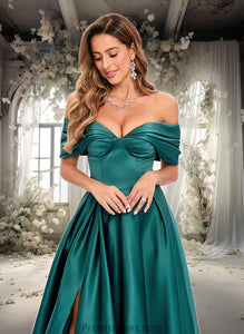 Jessie A-line Off the Shoulder Floor-Length Satin Prom Dresses With Pleated XXBP0025851