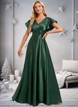 Load image into Gallery viewer, Maddison A-line V-Neck Floor-Length Stretch Satin Bridesmaid Dress With Ruffle XXBP0025773