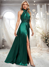 Load image into Gallery viewer, Madilyn A-line Halter Floor-Length Stretch Satin Bridesmaid Dress With Ruffle XXBP0025817