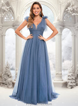 Load image into Gallery viewer, Tania A-line V-Neck Sweep Train Tulle Prom Dresses With Bow XXBP0025854