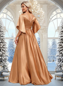 Simone A-line V-Neck Floor-Length Stretch Satin Bridesmaid Dress XXBP0025793