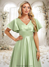 Load image into Gallery viewer, Maribel A-line V-Neck Asymmetrical Satin Bridesmaid Dress With Ruffle XXBP0025776