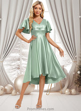 Load image into Gallery viewer, Lilia A-line V-Neck Asymmetrical Stretch Satin Bridesmaid Dress With Ruffle XXBP0025772