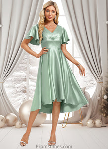 Lilia A-line V-Neck Asymmetrical Stretch Satin Bridesmaid Dress With Ruffle XXBP0025772