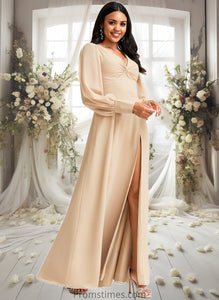 Adriana A-line V-Neck Floor-Length Chiffon Bridesmaid Dress XXBP0025763