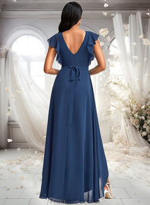 Thalia A-line V-Neck Asymmetrical Chiffon Bridesmaid Dress With Ruffle XXBP0025733