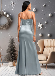 Gladys A-line V-Neck Floor-Length Stretch Satin Bridesmaid Dress XXBP0025728