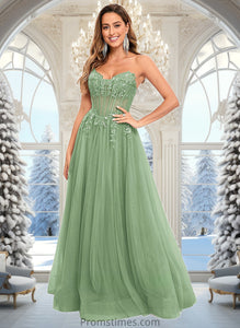 Trudie Ball-Gown/Princess V-Neck Floor-Length Tulle Prom Dresses With Sequins Appliques Lace XXBP0025837