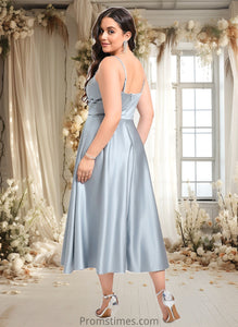 Gwendoline A-line V-Neck Tea-Length Satin Bridesmaid Dress XXBP0025794