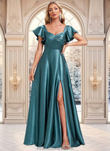 Load image into Gallery viewer, Fiona A-line V-Neck Floor-Length Stretch Satin Bridesmaid Dress With Ruffle XXBP0025780