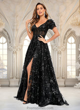 Load image into Gallery viewer, Jadyn A-line V-Neck Sweep Train Floral Lace Prom Dresses With Sequins XXBP0025869