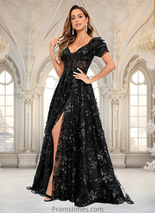 Ruth A-line V-Neck Sweep Train Floral Lace Prom Dresses With Sequins XXBP0025869