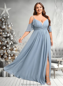 Arielle A-line Cold Shoulder Floor-Length Chiffon Bridesmaid Dress With Ruffle XXBP0025797